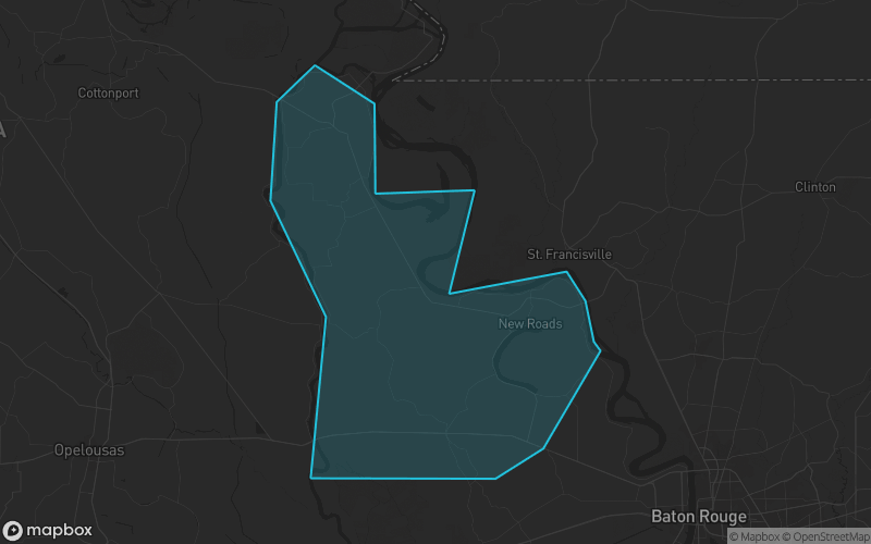 Map of Pointe Coupee Parish, Louisiana showing the county boundary and surrounding cities