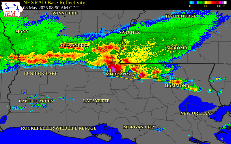 NEXRAD radar during the Friday, May 8, 2026 storm activity in Pointe Coupee Parish, Louisiana
