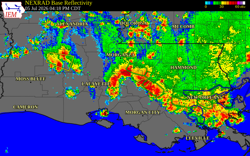 NEXRAD radar during the Sunday, July 5, 2026 storm activity in Pointe Coupee Parish, Louisiana