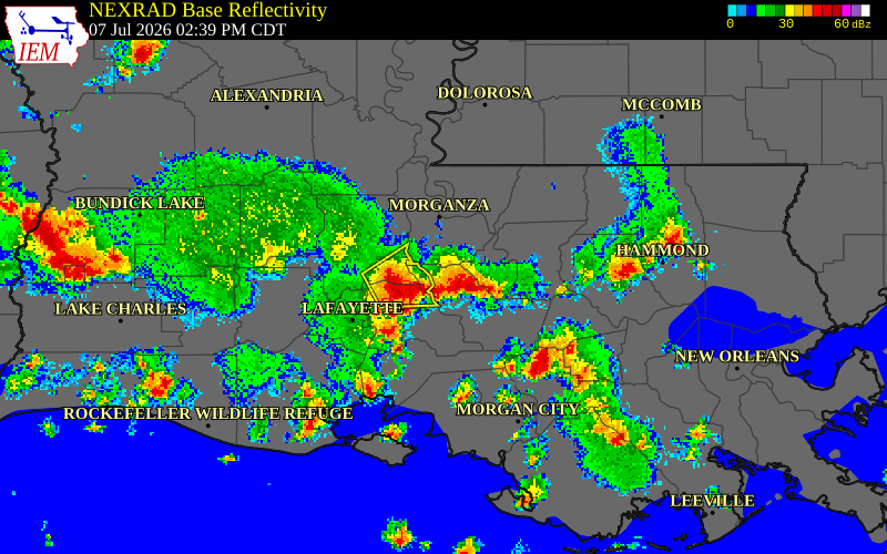 NEXRAD radar during the Tuesday, July 7, 2026 storm activity in Pointe Coupee Parish, Louisiana