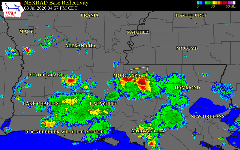 NEXRAD radar during the Wednesday, July 8, 2026 storm activity in Pointe Coupee Parish, Louisiana
