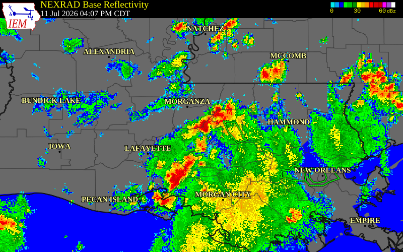 NEXRAD radar during the Saturday, July 11, 2026 storm activity in Pointe Coupee Parish, Louisiana