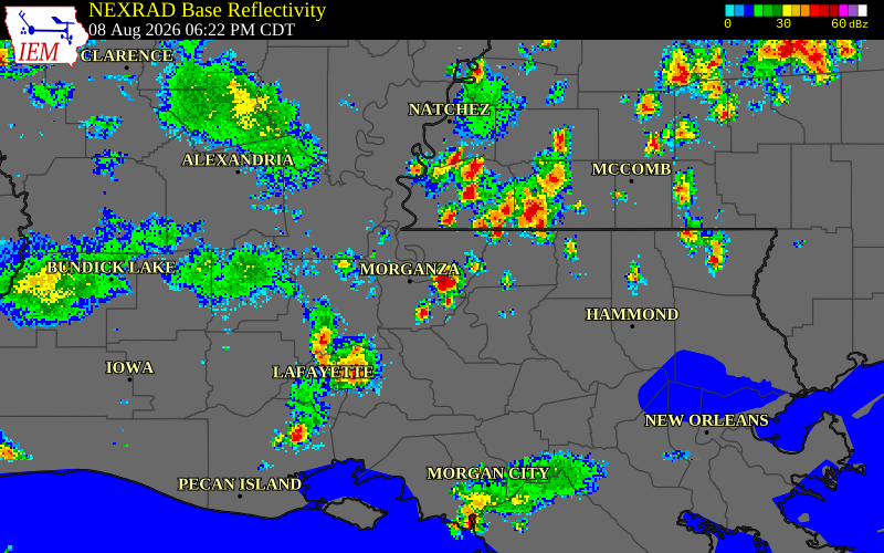 NEXRAD radar during the Saturday, August 8, 2026 storm activity in Pointe Coupee Parish, Louisiana