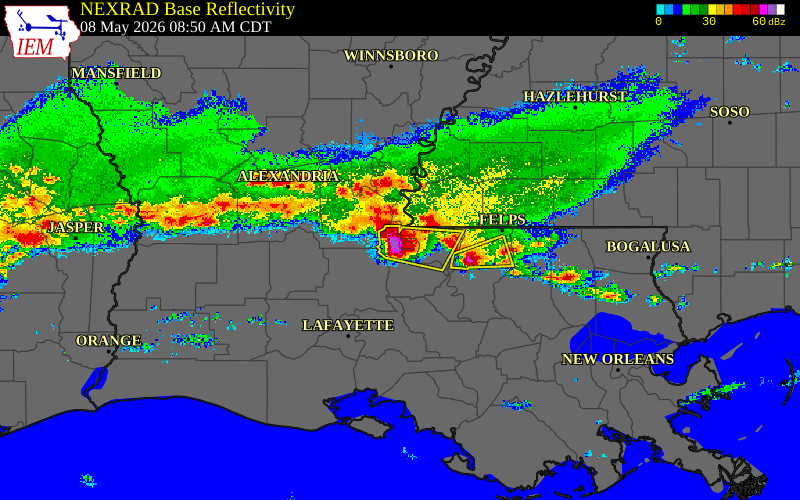Radar snapshot during the May 8, 2026 hail event near Batchelor, Pointe Coupee Parish, Louisiana, with NWS warning polygons