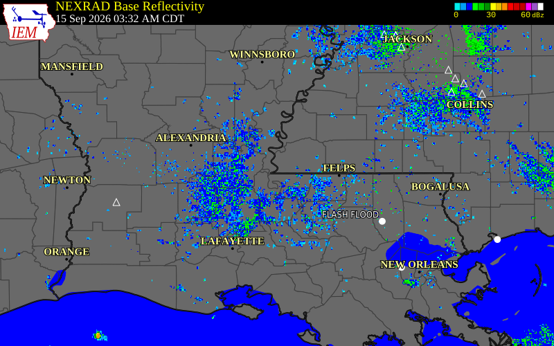 Current NEXRAD radar over Pointe Coupee Parish, Louisiana with recent storm report locations