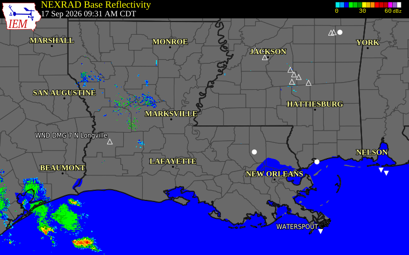 Current NEXRAD radar across Louisiana with recent storm report locations