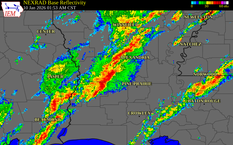NEXRAD radar during the Saturday, January 10, 2026 storm activity in Rapides Parish, Louisiana