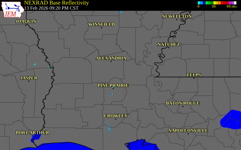 NEXRAD radar during the Friday, February 13, 2026 storm activity in Rapides Parish, Louisiana