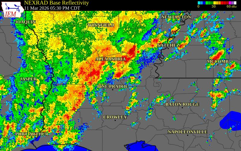 NEXRAD radar during the Wednesday, March 11, 2026 storm activity in Rapides Parish, Louisiana