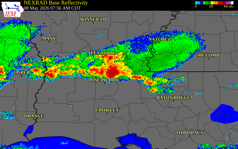 NEXRAD radar during the Friday, May 8, 2026 storm activity in Rapides Parish, Louisiana