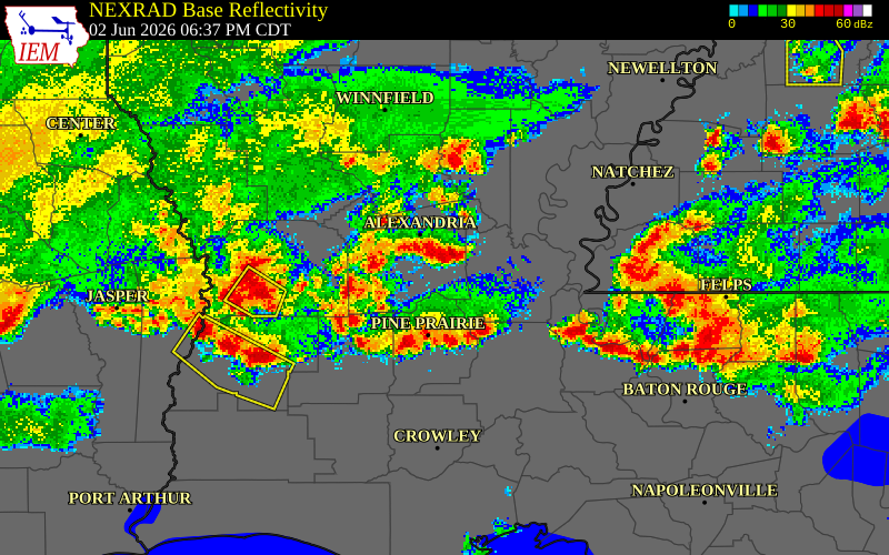 NEXRAD radar during the Tuesday, June 2, 2026 storm activity in Rapides Parish, Louisiana