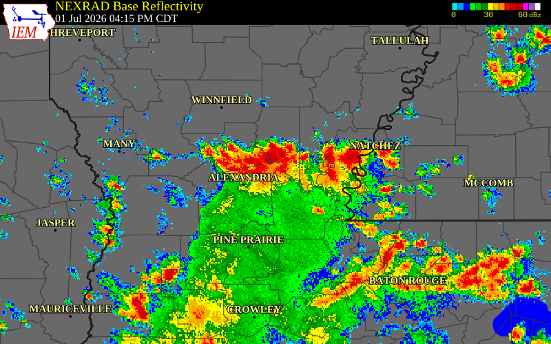 NEXRAD radar during the Wednesday, July 1, 2026 storm activity in Rapides Parish, Louisiana