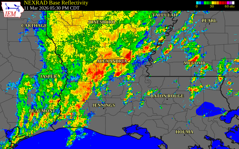 Radar snapshot during the Mar 11, 2026 tornado event near 2 NNE Cheneyville, Rapides Parish, Louisiana, with NWS warning polygons