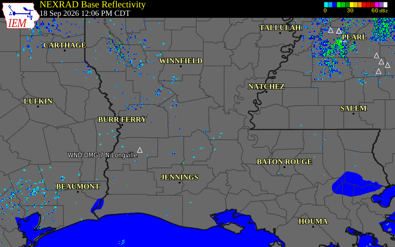 Current NEXRAD radar over Rapides Parish, Louisiana with recent storm report locations