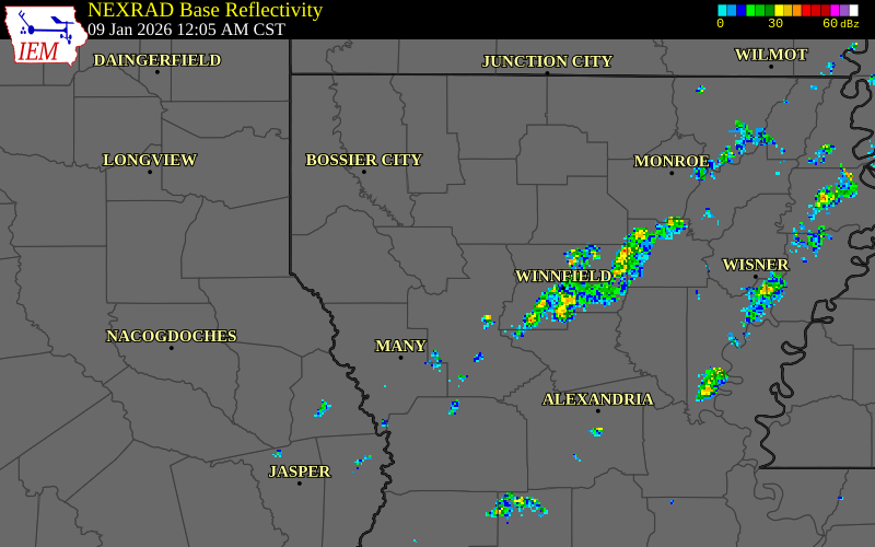 NEXRAD radar during the Friday, January 9, 2026 storm activity in Red River Parish, Louisiana