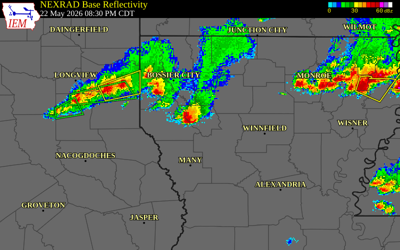 NEXRAD radar during the Friday, May 22, 2026 storm activity in Red River Parish, Louisiana