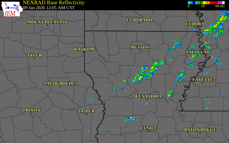 Radar snapshot during the Jan 9, 2026 tornado event near 4 ESE Coushatta, Red River Parish, Louisiana, with NWS warning polygons