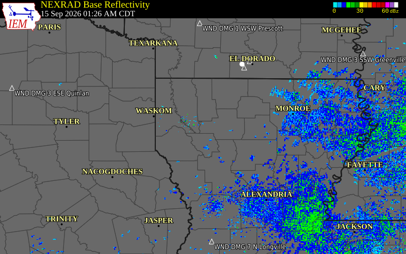 Current NEXRAD radar over Red River Parish, Louisiana with recent storm report locations