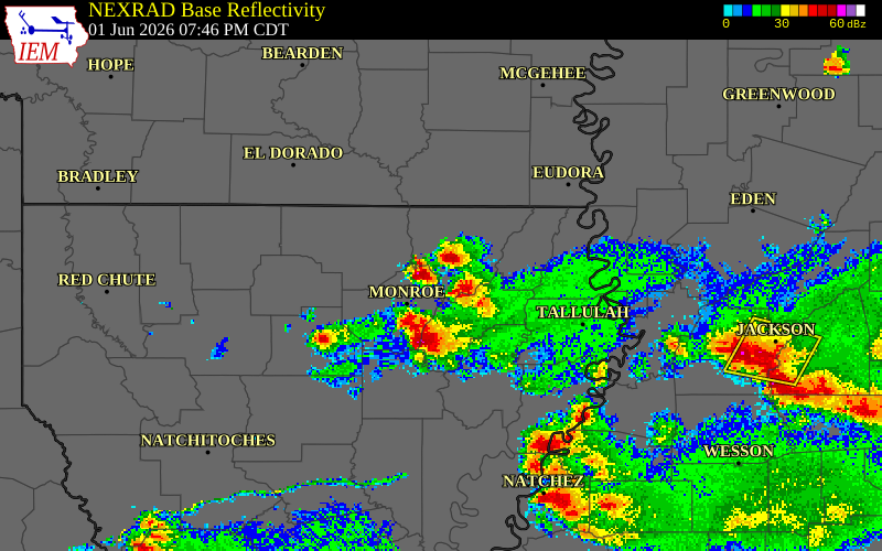 NEXRAD radar during the Monday, June 1, 2026 storm activity in Richland Parish, Louisiana