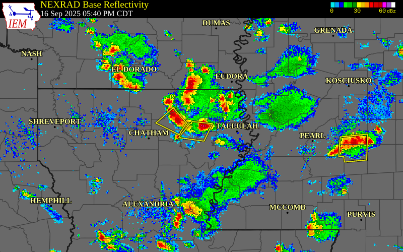 Radar snapshot during the Sep 16, 2025 hail event near 4 ENE Rayville, Richland Parish, Louisiana, with NWS warning polygons