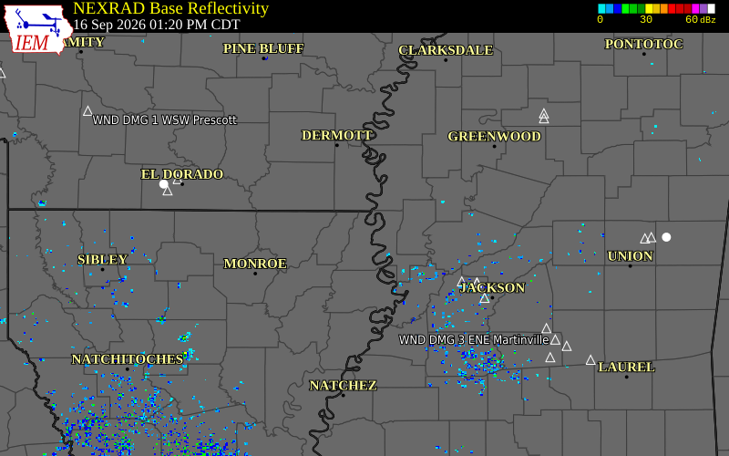 Current NEXRAD radar over Richland Parish, Louisiana with recent storm report locations