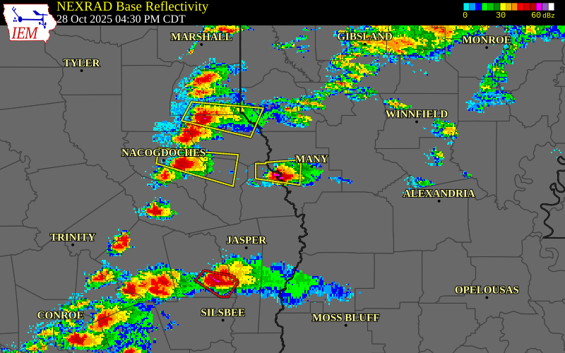 NEXRAD radar during the Tuesday, October 28, 2025 storm activity in Sabine Parish, Louisiana