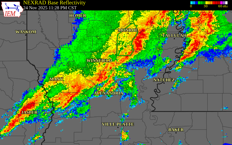 NEXRAD radar during the Monday, November 24, 2025 storm activity in Sabine Parish, Louisiana