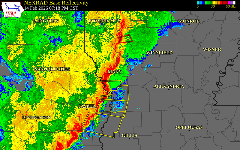 NEXRAD radar during the Saturday, February 14, 2026 storm activity in Sabine Parish, Louisiana