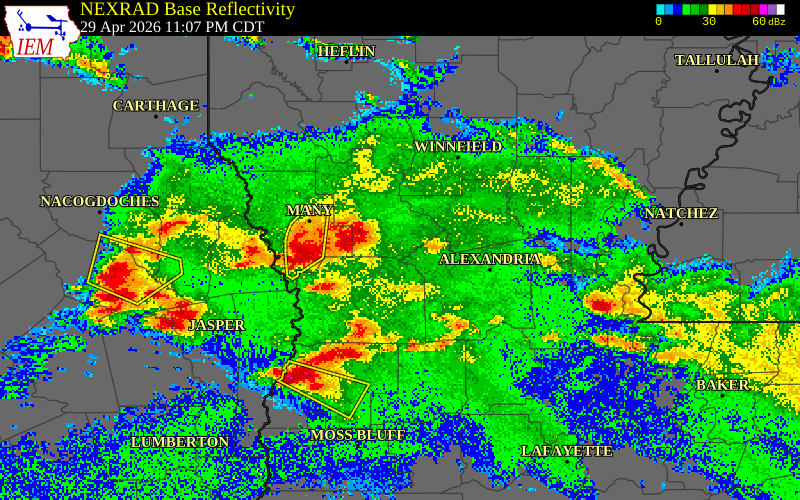 NEXRAD radar during the Wednesday, April 29, 2026 storm activity in Sabine Parish, Louisiana