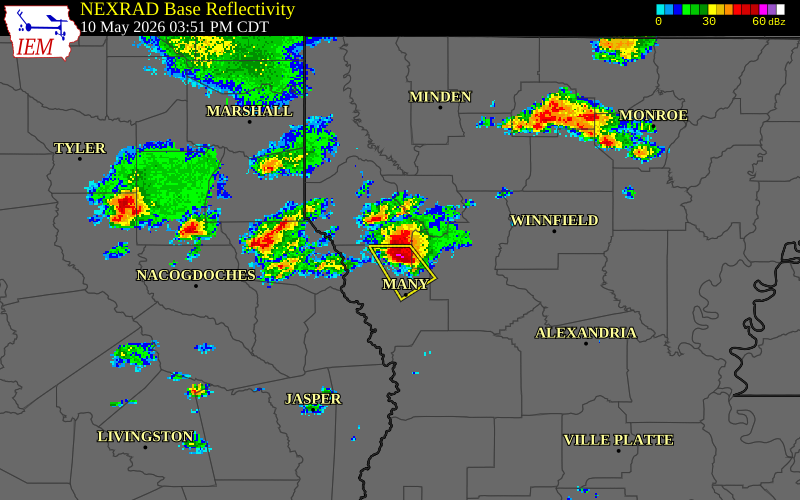 NEXRAD radar during the Sunday, May 10, 2026 storm activity in Sabine Parish, Louisiana