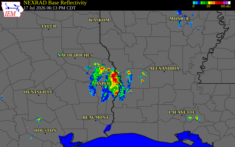Radar snapshot during the Jul 17, 2026 wind event near Sabine Parish, Sabine Parish, Louisiana, with NWS warning polygons