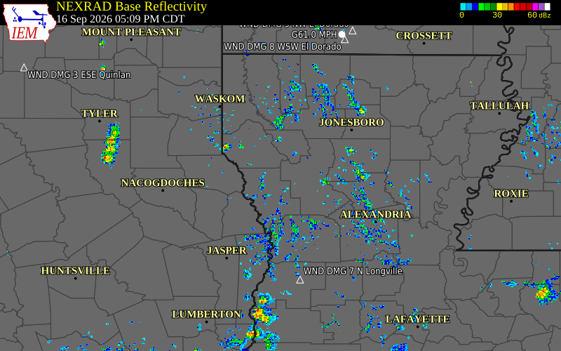 Current NEXRAD radar over Sabine Parish, Louisiana with recent storm report locations
