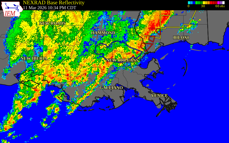 NEXRAD radar during the Wednesday, March 11, 2026 storm activity in St. Bernard Parish, Louisiana
