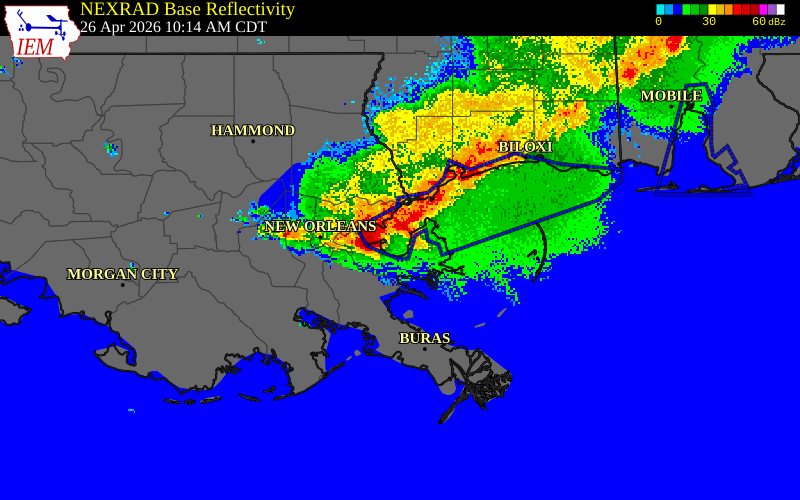 NEXRAD radar during the Sunday, April 26, 2026 storm activity in St. Bernard Parish, Louisiana