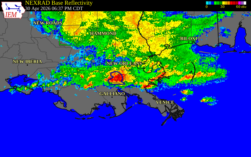 NEXRAD radar during the Thursday, April 30, 2026 storm activity in St. Bernard Parish, Louisiana