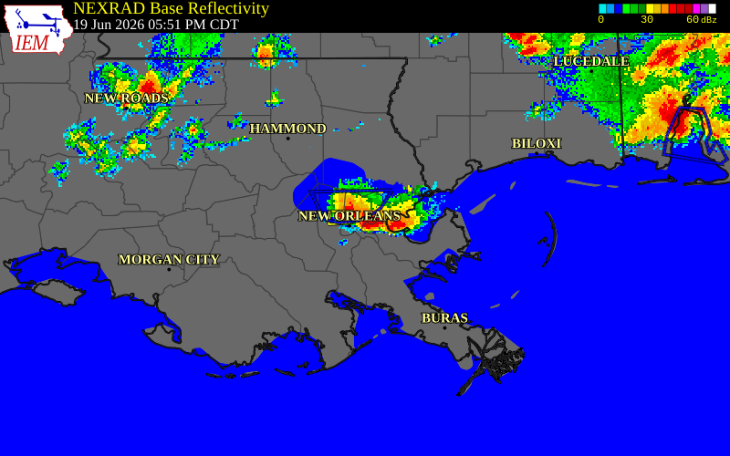 NEXRAD radar during the Friday, June 19, 2026 storm activity in St. Bernard Parish, Louisiana