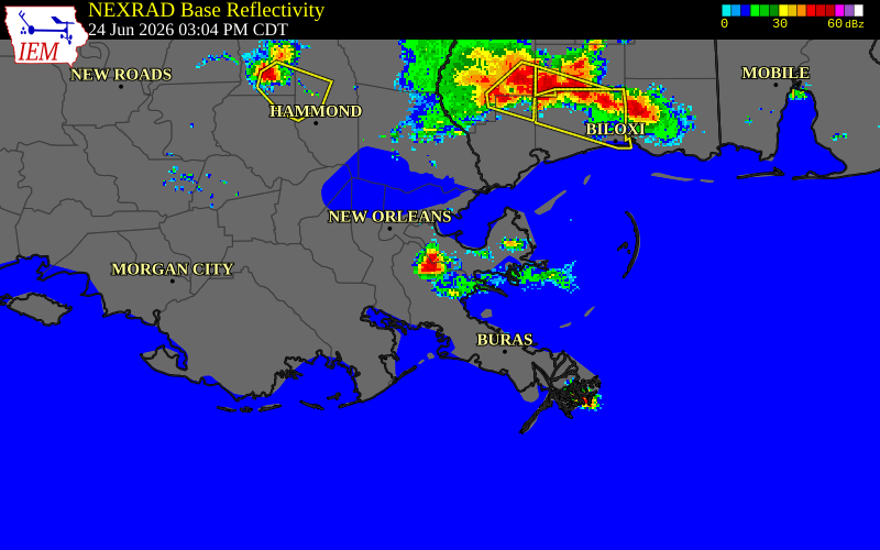 NEXRAD radar during the Wednesday, June 24, 2026 storm activity in St. Bernard Parish, Louisiana