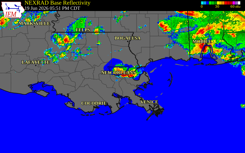 Radar snapshot during the Jun 19, 2026 tornado event near 2 NW Chalmette, St. Bernard Parish, Louisiana, with NWS warning polygons