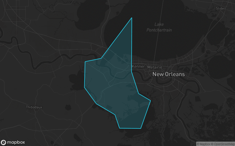 Map of St. Charles Parish, Louisiana showing the county boundary and surrounding cities
