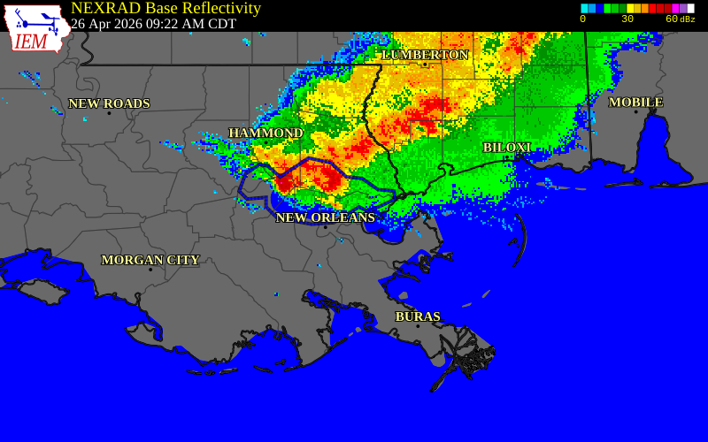 NEXRAD radar during the Sunday, April 26, 2026 storm activity in St. Charles Parish, Louisiana