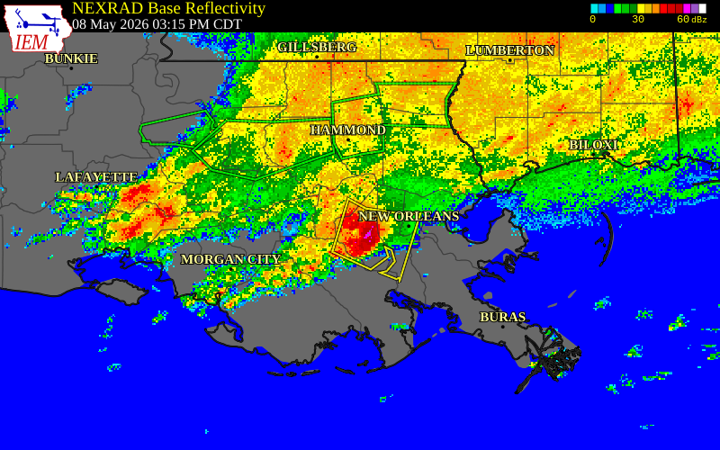 NEXRAD radar during the Friday, May 8, 2026 storm activity in St. Charles Parish, Louisiana