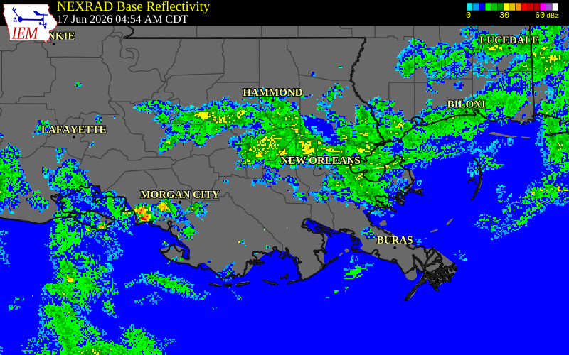 NEXRAD radar during the Wednesday, June 17, 2026 storm activity in St. Charles Parish, Louisiana