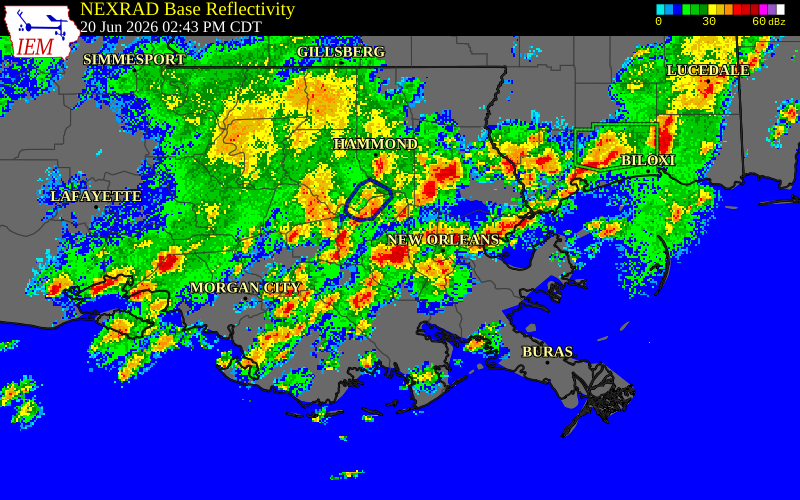NEXRAD radar during the Saturday, June 20, 2026 storm activity in St. Charles Parish, Louisiana