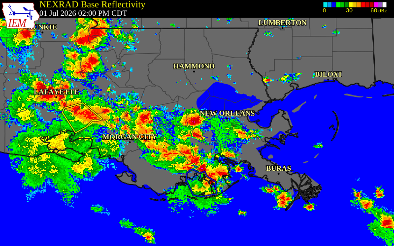 NEXRAD radar during the Wednesday, July 1, 2026 storm activity in St. Charles Parish, Louisiana