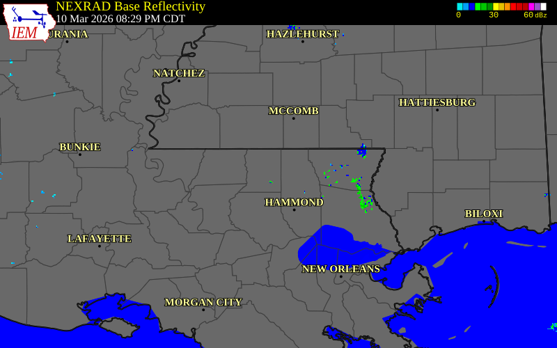 NEXRAD radar during the Tuesday, March 10, 2026 storm activity in St. Helena Parish, Louisiana