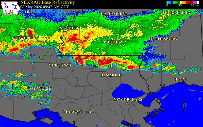 NEXRAD radar during the Friday, May 8, 2026 storm activity in St. Helena Parish, Louisiana