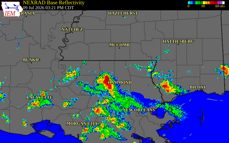 NEXRAD radar during the Thursday, July 9, 2026 storm activity in St. Helena Parish, Louisiana