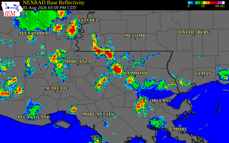 NEXRAD radar during the Wednesday, August 5, 2026 storm activity in St. Helena Parish, Louisiana