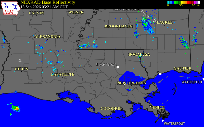 Current NEXRAD radar over St. Helena Parish, Louisiana with recent storm report locations