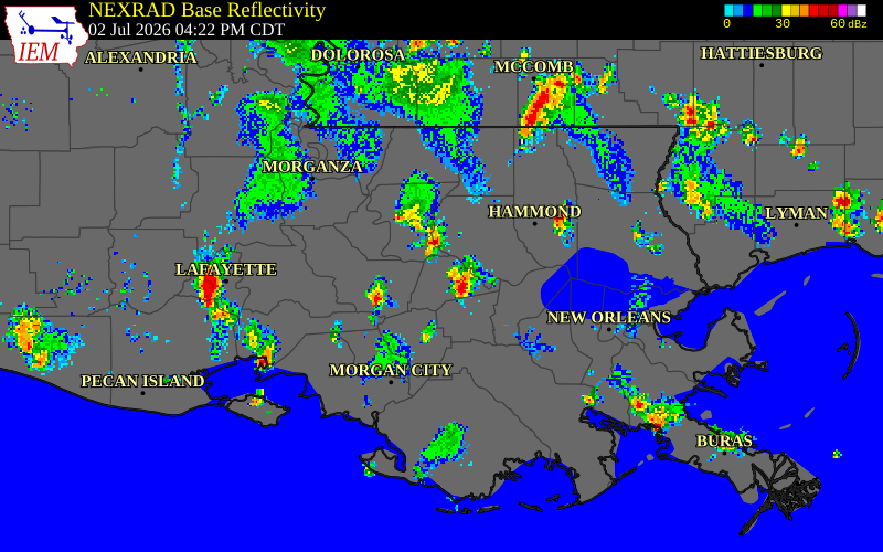 NEXRAD radar during the Thursday, July 2, 2026 storm activity in St. James Parish, Louisiana